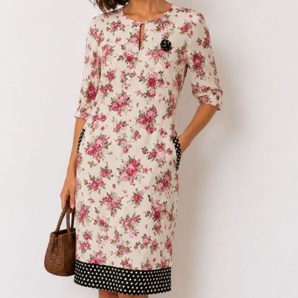 Handmade in France - Floral sheath dress with pockets. Size S